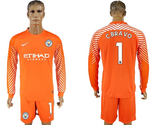 Manchester City #1 C.Bravo Orange Goalkeeper Long Sleeves Soccer Club Jersey
